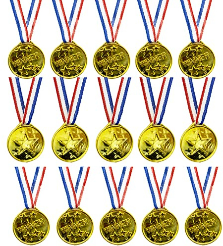 REBECASKYENS 15 Pcs Plastic Gold Winners Medals,Plastic Medals,Medals for Children, Kids Children'S Party Award Medals with Neck Ribbons for Party Festival Sports Competition toys Prizes Awards