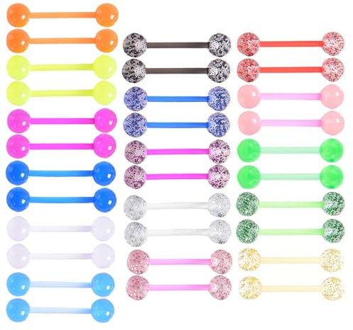 Pddenality 32 Pcs Tongue Bars Tongue Bar Piercing,Tongue Bar Tongue Piercing Tongue Piercings,Tongue Piercing Jewellery Multi-Color Tongue Bars Jewellery For Women Men