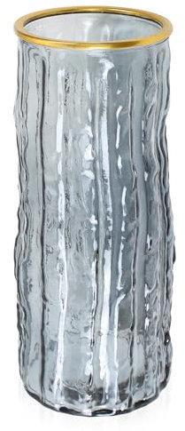 Gemsaya Blumenvase, Rauchgrau Vase Glas und Goldrand 25 cm Hoch, Verdickt Glasvasen mit Wasserkräuselung für Tischdeko, Modern Vase Glas für Home, Office, Hochzeit, Party Dekor