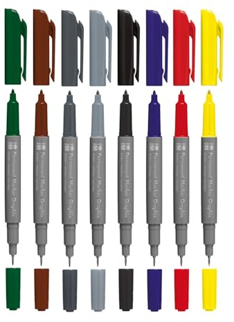 Marqueurs permanents Marabu Graphix couleurs primaires, lot de 8, avec double pointe 1-2 mm et 0,5 mm, couleurs brillantes, encre à base d'alcool à séchage rapide, faible odeur