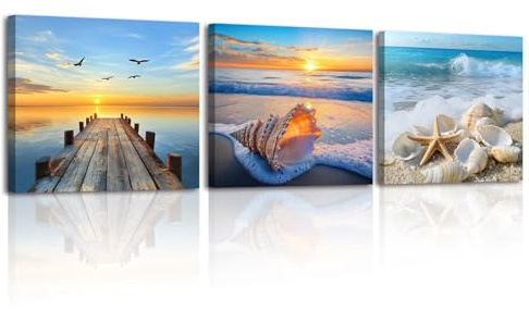 PIY PAINTING Set 3 Quadro Moderno Soggiorno Spiaggia del mare Immagini Pittura Moderni Decorazione Canvas Quadretti Da Parete Natura Stampe Su Tela Camera Da Letto Con Cornice Cucina 30×30cm