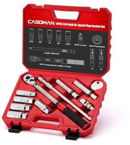 CASOMAN 11PCS 3/8-Inch Drive Spark Plug Socket Set, 6&12-Point, Include 5-60Nm Click Torque Wrench, Spark Plug Gapper, U-Joint & Ext Bar, CR-V
