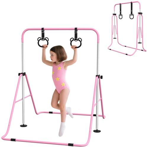 HOMCOM Barra de Gimnasia para Niños con Altura Ajustable en 5 Niveles y Anillos, Barra de Entrenamiento de Gimnasia Plegable en Casa, Rosa