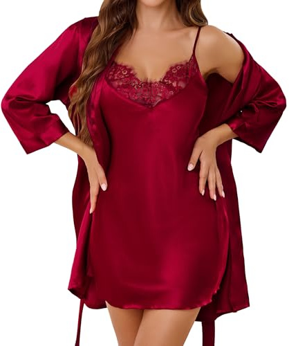Lovasy Women's Satin Robes 2 Pack Silk Nighties and Dressing Gown for Women Sexy Lace Cami Nightdresses with Robe Set,Purplish Red,S