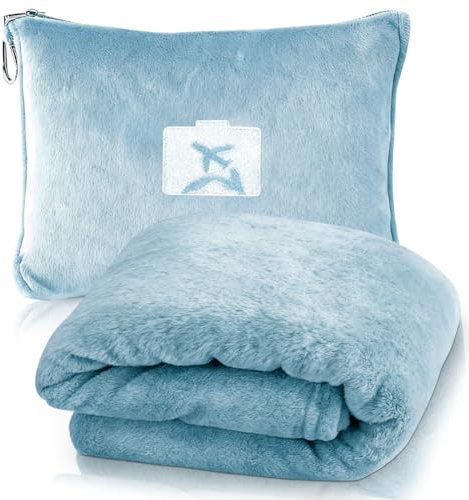 Manta de viaje Suave y cálida MIUUIPI, 2 en 1, manta de viaje y almohada con clip para mochila, azul, 127x152cm