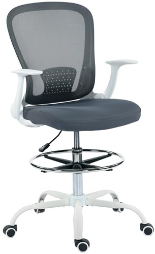 HOMCOM Chaise Bureau Ergonomique avec Repose-Pieds Ajustable et accoudoirs relevables, Chaise de Dessin à Dossier en Maille, Hauteur réglable, accoudoirs Hauts, pivotante 360°, Gris
