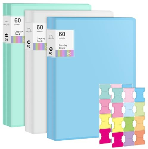 3 cuadernos de exhibición A4, carpeta de presentación de 60 bolsillos, carpeta de exhibición con fundas de plástico, carpeta de certificados para obras de arte, recetas, partituras, documentos para