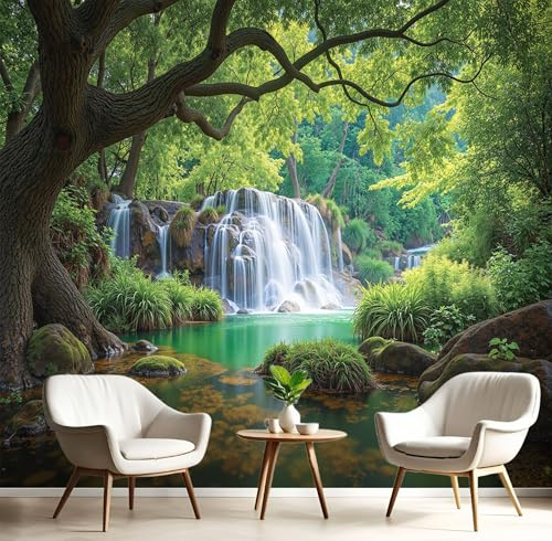 Verde Bosque Mural de Papel Tapiz de Seda con Cascada Un Bosque Exuberante – Fotomural Decorativo Natural para Sala, Dormitorio Infantil o Adulto – Paisaje Natural Diseño, 200 x 140 cm