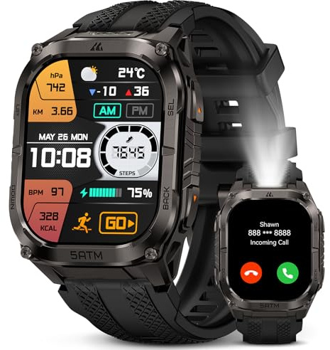 KOSPET Tank M4C Smartwatch för män, med LED-ficklampa, 1,96 tum AMOLED, dubbla band GPS kompass, lång batteritid, 24/7 puls- och sömnmätning, 50 m vattentät
