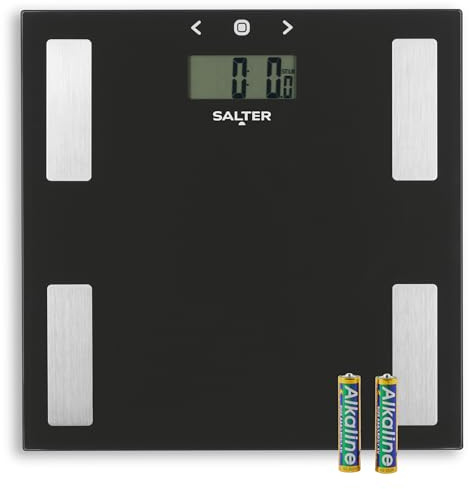 Salter 9150 BK3R - Bilancia da bagno digitale in vetro per analisi corporea, peso/grasso/acqua/BMI, ultrasottile, 8 utenti, ampio display digitale, step-on e lettura istantanea dei valori, nero