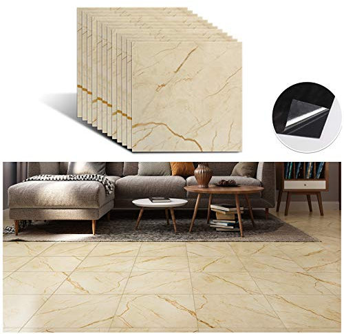 VEELIKE Dalle PVC Adhesive Sol Marbre Jaune Carrelage Adhesif Sol Marbre Auto-adhésif Carreaux Adhesif Cuisine Stickers Carrelage Salle de Bain Étanche Dalle PVC Garage 30 cm × 30 cm 12 Pièces