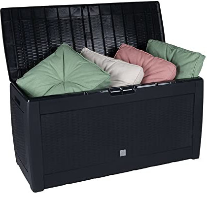 Vivo Technologies 310L Garden Storage Box Chest, Outdoor Storage Boxes Weather and UV Resistant Cushion Box and Garden Furniture Organizer with Hinged Lid Handles Wheels Wicker Look, Black