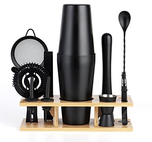 JNWINOG Juego de 11 coctelera de acero inoxidable, kit de coctelera Boston de 25 onzas, juego de coctelera Boston para hacer bebidas, kit profesional de bar y bar de bebidas para el hogar (negro mate)