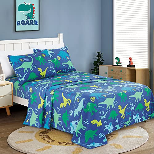 Set di biancheria da letto, 4 pezzi, con lenzuola con angoli piatti, motivo dinosauri della giungla, per camera da letto di ragazzi e ragazze (dinosauri blu, per letto matrimoniale)