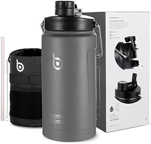 BOTTLE BOTTLE 2 Litre Water Bottle with Straw and Dual-use Lid Large Insulated Water Bottles with Handle Big Stainless Steel Metal Flask for Hot Drink(Gray)