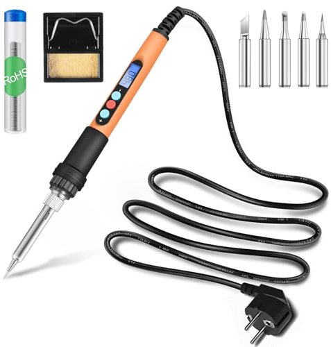 HANDSKIT soldador de estaño, kit de soldadura 90W, kit 8 en 1 soldador profesional con temperatura ajustable 180-480 °C, pantalla LCD, 5 puntas, alambre de soldadura y soporte