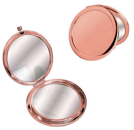 LuckyOpt Kompakter Spiegel, doppelseitiger Handtaschenspiegel aus Metall mit 1x/2-facher Vergrößerung, unverzerrter runder Taschenspiegel für Damen, für Reisen, Handtaschen, Geldbörsen (Roségold)