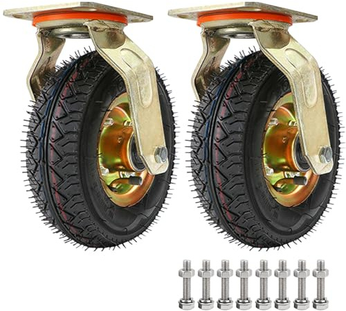 SAGIDAR Pneumatic Swivel Caster with Swiveling Top Plate W/Brake - 2pcs Heavy Duty Rubber Caster Wheel, Double Ball Bearing, 8/10 Inch Wheelbarrow Tires Moving Silent