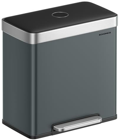 SONGMICS Poubelle Tri Sélectif 2 Bacs, 2 x 30L, Poubelle Double Cuisine en Acier Inoxydable,15 Sacs, Seaux en Plastique, Couvercles à Fermeture Lente, 58,2 x 36,5 x 60,5 cm, Gris Verdâtre LTB202G01