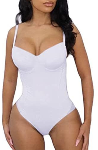 Hilinker Women's Sexy V Neck Spaghetti Strap Sleeveless Bodysuit Camisole Bustier Top White X-Small