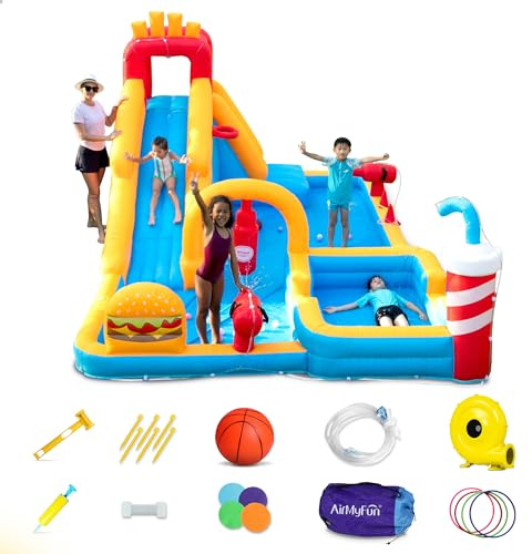 AirMyFun Inflatable Water Park, Water Slides for Kids Backyard, Bounce House for Kids 3-8 Outdoor| Paddling Pool - Boxing Ring, Climbing Wall - Spacious Splash Zone - Includes Patch Kit & Blower