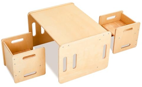 Cheete 3 in 1 Kindertisch mit 2 Stühlen aus Naturholz – Multifunktionale Kindersitzgruppe Indoor/Outdoor mit Stauraum, Aktivitätstisch & Höhenverstellung | Kinder Möbel Set für 1-6 Jahre