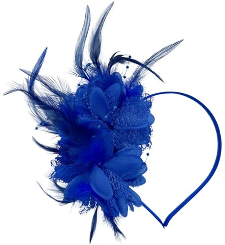 Ladies Fascinator Wedding Hat,Headdress Feather Mesh Hair Accessories Faux Flowers Head Flowers Retro Fascinators Hat Flower Mesh Ribbons Feathers On A Headband Wedding Prom Women Girls(Blue)