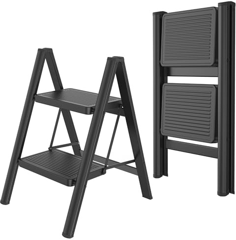 ROSEJANE Escabeau avec 2 marches Pliable Échelle Échelle ménagère Marche-pied Pliant, antidérapant jusqu’à 270 kg pour la maison, le bureau ou le garage
