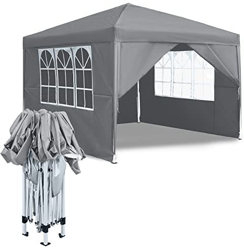 Aufun Paviljong 3 x 3 m vattentät trädgårdspaviljong med 4 sidodelar och fönster för fester, bröllop, picknick, vikbart trädgårdstält, festtält, vikbar paviljong av Oxford metallram, UV-skydd, grå