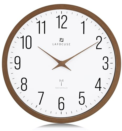 Lafocuse 30CM Funk Wanduhr mit Holz Zeiger, Hohe Genauigkeit Funkuhr Braun, Einfach zu Lesen Modern Wanduhren Deko für Küche Wohnzimmer Büro Schule