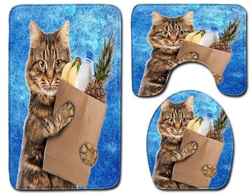 Badrumsmatta blå katt ananas WC matta med utsnitt WC lockskydd 3 delar WC matta halkfri badrumsset U-formad badmatta tvättbar badrumsmatta set 50 x 80 cm
