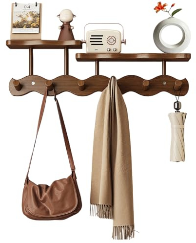 Bamboo Coat Rack with Shelf – 52 cm Wall-Mounted Double Layer Hooks, 6 Sturdy Wooden Hooks for Entryway, Hallway, Bathroom & Bedroom – Space-Saving Hanger for Coats, Hats, Bags & Towels (Brown)
