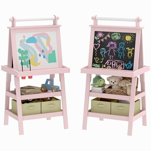 AIYAPLAY Pizarra Infantil Caballete 3 en 1 Pizarra Infantil de Doble Cara Magnética Caballete de Pintura para Niños con Rollo de Papel y Cestas de Almacenamiento 59x48x118 cm Rosa Palo