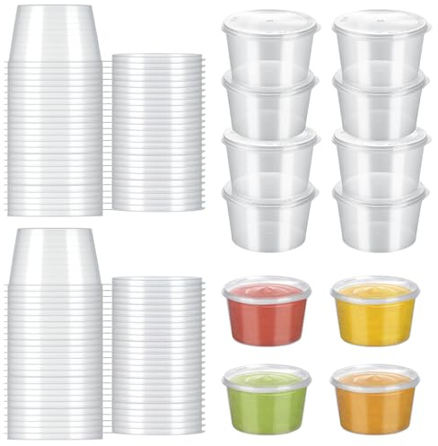 ZEFAN 100 vasos pequeños de plástico con tapa, recipientes de plástico de 4 oz con tapa, 100 ml, a prueba de fugas, pequeños recipientes de plástico, para salsas, aperitivos, salsa de tomate
