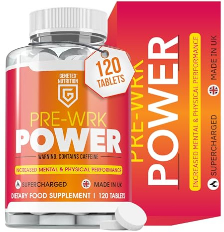 Pre-Wrk Power Tablets for Metabolism & Weight Management Support | 120 Tablets | Supercharged Energy Boost, Natural Strong Caffeine Fat Burner for Men & Women | UK Made | Plant-Based Supplement