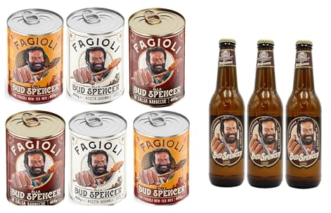 Selezione Fagioli BUD SPENCER 2 Confezioni Fagioli Neri Tex-Mex 400 gr+ 2 Confezioni Fagioli Pinto + 2 Confezoni di Fagioli Salsa Barbecue 400 gr + 3 Bottiglie di Birra Bud Spencer Lager 4,8% 33cl