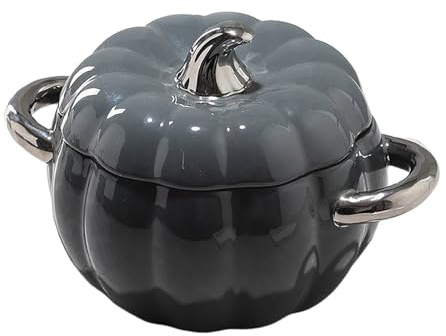 Olla de cerámica para Sopa con Tapa, sopera de cerámica de 2 l, Bonito Cuenco con asa, vajilla Decorativa para Acción de Gracias, Fiesta de Halloween, Gris Oscuro