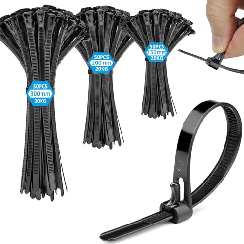 Fascette Plastica Nere Riutilizzabili 150 Pezzi,150/200/300mm Fascette Elettricista, Resistente Allatemperature, Resistenza alla Rottura 20 kg per Cable Management,Fili,Giardinaggio