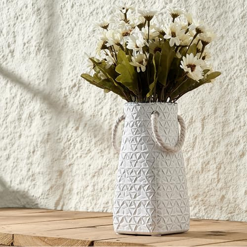 7 White Ceramic Vase, Modern Farmhouse Cute Boho Handcrafted Antique Decor, Simple Nordic Style Aesthetic Decorative Flower Vases for Home Decor, Living Room, Bookshelf, Office, Entryway, Tuscan