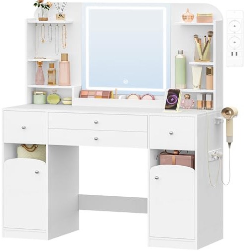 Hzuaneri Sminkbord med LED-belysning, med uttag och stativ för hårtork, stor bricka 108 cm, sminkbord med 2 stora lådor med smyckesförvaring, 2 skåp, DT41703XEU