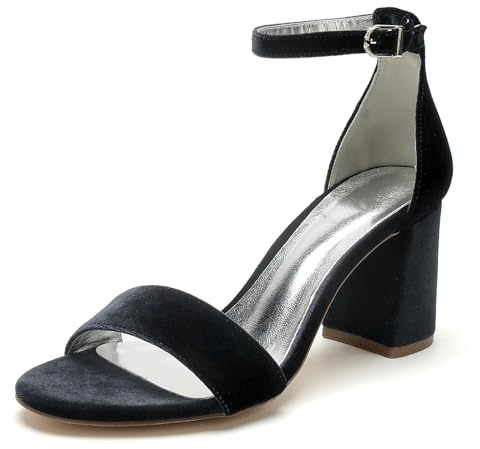 EICOFF Sandalias de Novia con Tacón Ancho para Mujer Punta Abierta Correa Tobillo Tacón Alto de Bloque Zapatos de Boda,Negro,39 EU