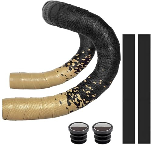 LKRXW 2 Rouleaux Ruban de Guidon de Vélo PU Cuir Antidérapant Bande pour Guidon de Route Confortable Respirant Cyclisme Bande Absorbant Les Chocs Autocollant Dégradé Or Avec 2 Bouchons
