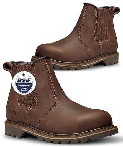 V12 Rawhide Chelsea Boots for Men - Steel Toe Cap Boots with Heat-Resistant Sole & Pierce-Resistant Midsole - Brown, Size UK 9