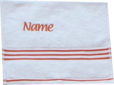 Premium Frottee Set bestehend aus, Gästetuch, Handtuch und Duschtuch, Farbe weiß/terracotta mit farbiger Bordüre und terracottafarbener Namensbestickung / bestickt mit Namen oder Wunschtext