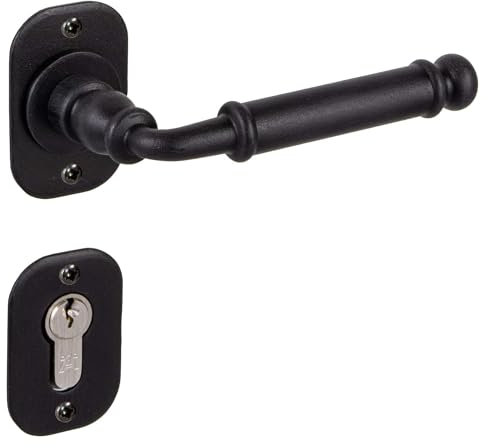 GedoTec Türklinke Schmiedeeisen Türbeschlag Antik schwarz Türgriff Zimmertür auf Rosette - Lisabon | PZ - Profilzylinder | Gusseisen schwarz rustikal | 1 Türgarnitur inkl. Befestigungsmaterial