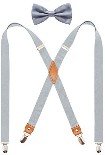 Timiot Mens Suspender and Bowtie Set X Back Heavy Duty Adjustable Elastic Clips Perfect For Work &Casual (Silver)