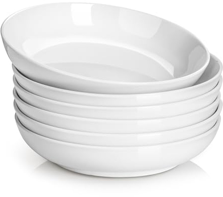 DOWAN 8.5 Pasta Bowls, 32oz Salad Bowls Set of 6, Natural White Ceramic Serving Bowls, Porcelain Plate Bowl Serving Dish Shallow Bowls Set for Kitchen, Microwave Dishwasher Safe