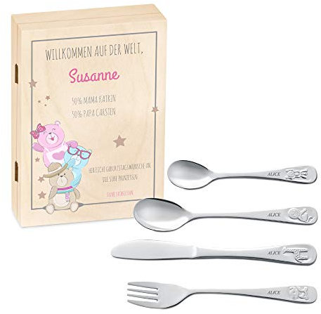 Maverton Kinderbesteck Set mit Gravur + Holzbox mit Aufdruck - mit Tieren - aus Edelstahl - Weihnachtsgeschenke - Braun - Geschenk für Mädchen zum Geburtstag zur Taufe Geburt - Bärchen