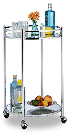 Relaxdays Servierwagen rund, Barwagen mit 2 Etagen, Stahl, verspiegelte Ablagen, Teewagen mit Rollen, 75 x 50 cm, silber