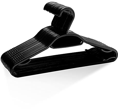 KEPLIN 30 Pack 5-in-1 Clothes Hangers – Adult Plastic Coat Hangers for Wardrobe – Space Saving Storage Organiser Hangers with Tie Bar, Strap Hooks, Non-Slip Notches and Secure Lip (Black)